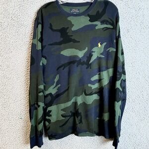 Polo Ralph Lauren Shirt Mens L Camo Waffle Knit Thermal Long Sleeve Sleepwear